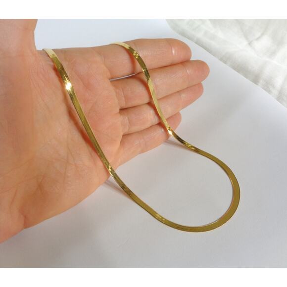 Mens Gold Herringbone Necklace, Flat Snake 18K Gold Dipped 925 Sterling Silver - Picture 3 of 9
